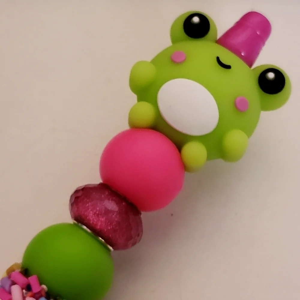 Handmade Kawaii Frog Confetti Sprinkles Beaded Silicone Focal Bead Pen